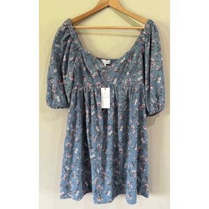WAYF Blue Floral Puff Sleeve Smocked Babydoll Mini Dress Womens Large NWT Spring